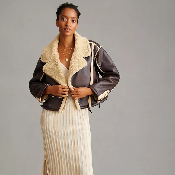 NWT Anthropologie Faux Leather Sherpa Aviator Jacket - Picture 2 of 6